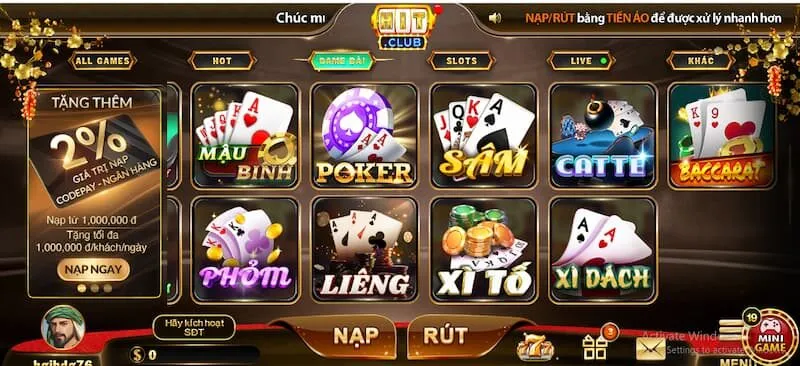 HitClub có bao nhiêu game bài rút tiền?
